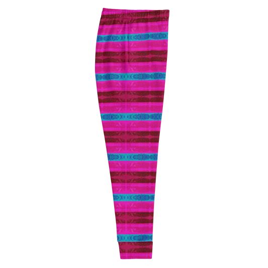 Hand Made, Print on Demand, Apparel & Accessories > Clothing > Activewear, Joggers, Sweatpants, River Jade Smithy, RJS, Travis Huffaker, RJSTH, 70% polyester, 27% cotton, 3% elastane, Slim fit, Cuffed legs, pockets, Elastic waistband, drawstring, RJSTH@Fabric#11, RindLink, Rind#11 Flip, raspberry, pink, blue, jeweled, stripes, side