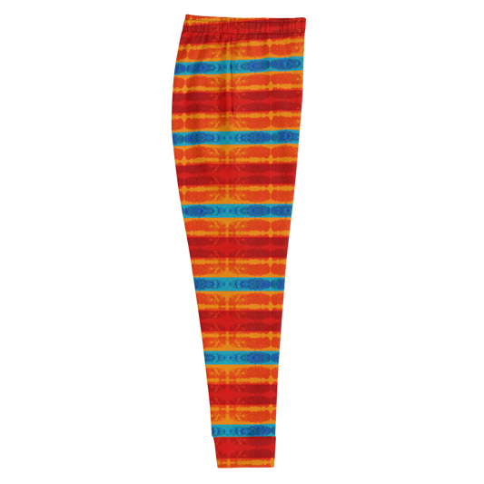 Hand Made, Print on Demand, Apparel & Accessories > Clothing > Activewear, Joggers, Sweatpants, River Jade Smithy, RJS, Travis Huffaker, RJSTH, 70% polyester, 27% cotton, 3% elastane, Slim fit, Cuffed legs, pockets, Elastic waistband, drawstring, RJSTH#Fabric#12, RindLink, Rind#12 Flip, orange, tangerine, blue, jewel, stripe, side