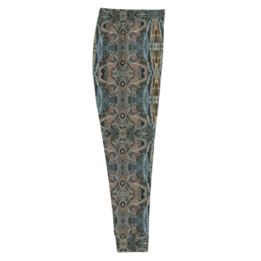 Hand Made, Print on Demand, Apparel & Accessories > Clothing > Activewear, Joggers, Sweatpants, River Jade Smithy, RJS, Travis Huffaker, RJSTH, 70% polyester, 27% cotton, 3% elastane, Slim fit, Cuffed legs, pockets, Elastic waistband, drawstring, Grail Night Hoard Virtus 8, GNHV8.12, intricate, woven, copper, silver, gray, blue, side