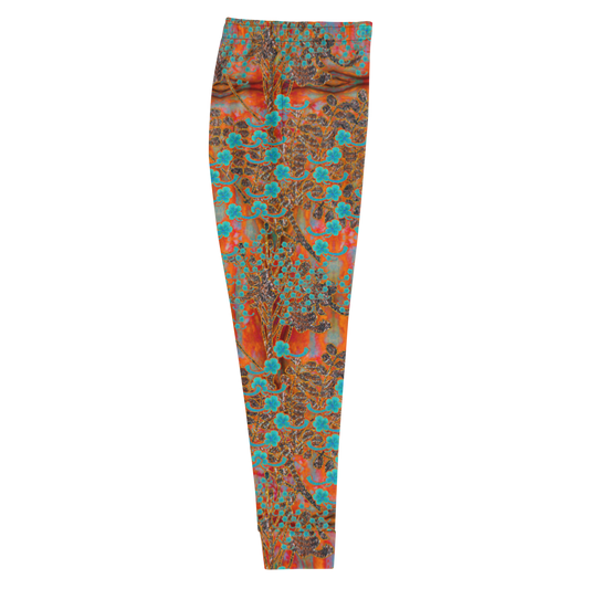 Hand Made, Print on Demand, Apparel & Accessories > Clothing > Activewear, Joggers, Sweatpants, River Jade Smithy, RJS, Travis Huffaker, RJSTH, 70% polyester, 27% cotton, 3% elastane, Slim fit, Cuffed legs, pockets, Elastic waistband, drawstring, RJSTH@Fabric#12, Windsong Flower, red, gray, woven, Copper, Blue Flowers , side