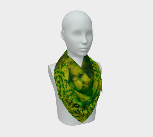 Yellow-gold and green Purely Jade Light silk art scarf draped on a mannequin, showing a rounded cellular mineral field by RJSTH.