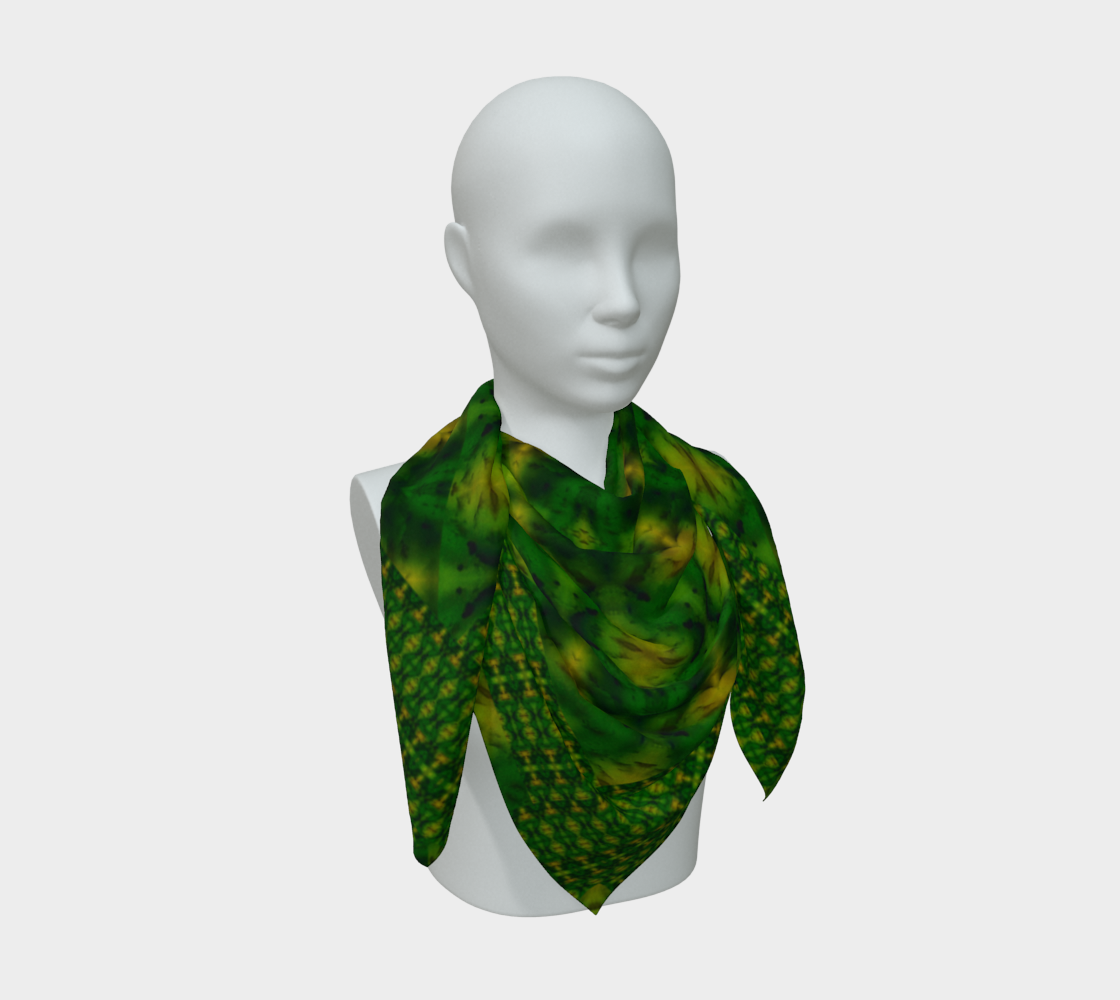 Deep green jade and yellow-gold Purely Jade Light silk art scarf draped on a mannequin, showing a deeper inward mineral field by RJSTH.