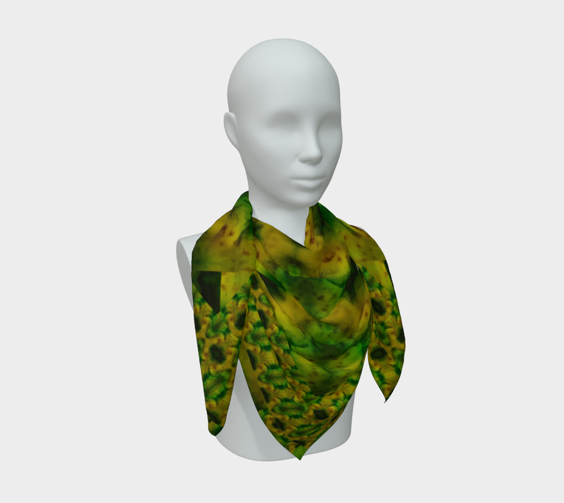 Yellow-gold and green Purely Jade Light silk art scarf draped on a mannequin, showing a faceted panel field by RJSTH.