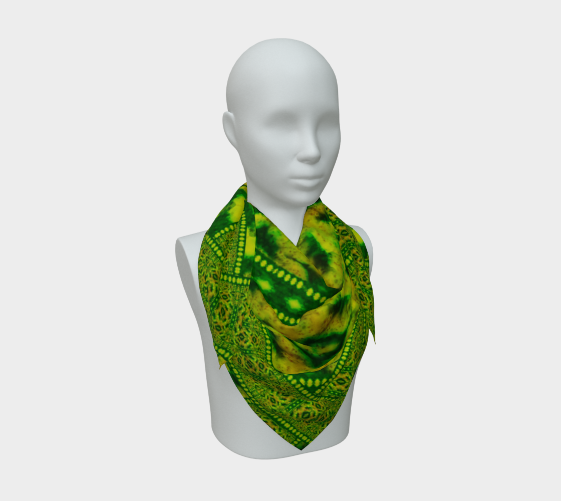 Yellow-green and deep green Purely Jade Light silk art scarf draped on a mannequin, showing a bordered mineral-panel field by RJSTH.