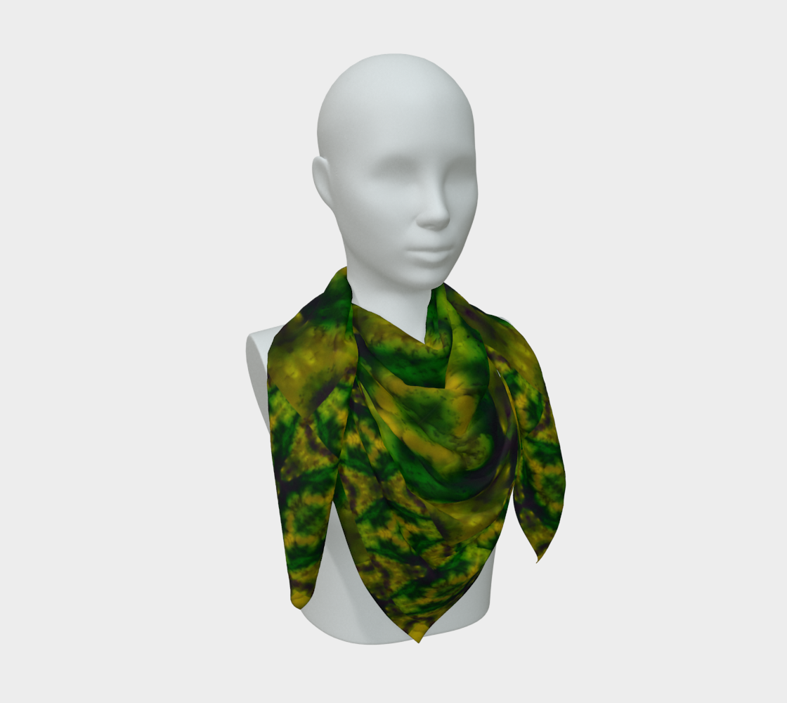 Deep green, yellow-gold, and muted violet Purely Jade Light silk art scarf draped on a mannequin, showing a deeper inward mineral field by RJSTH.