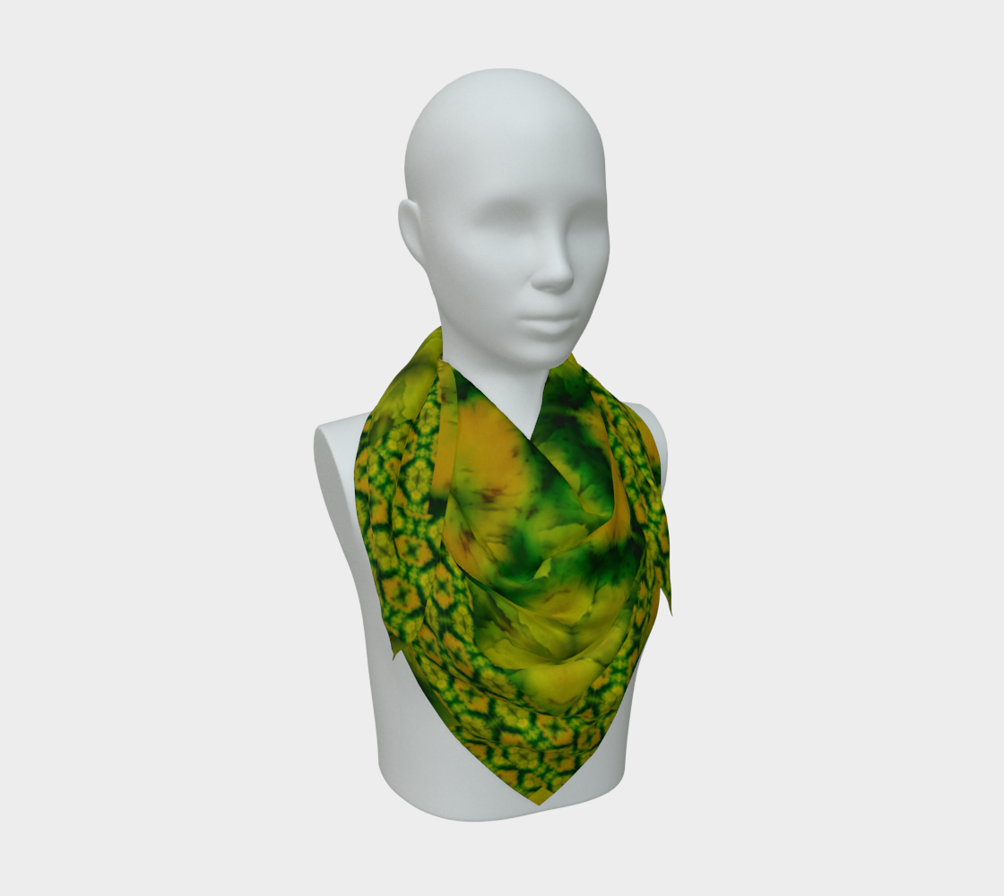 Yellow-green and deep green Purely Jade Light silk art scarf draped on a mannequin, showing a soft central mineral field by RJSTH.