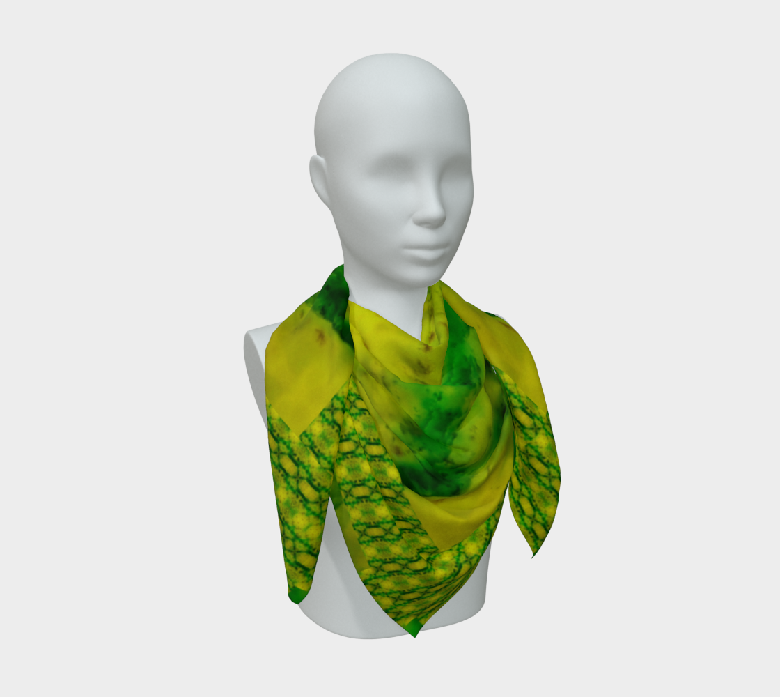 Bright yellow jade and green Purely Jade Light silk art scarf draped on a mannequin, showing a brighter inward mineral field by RJSTH.