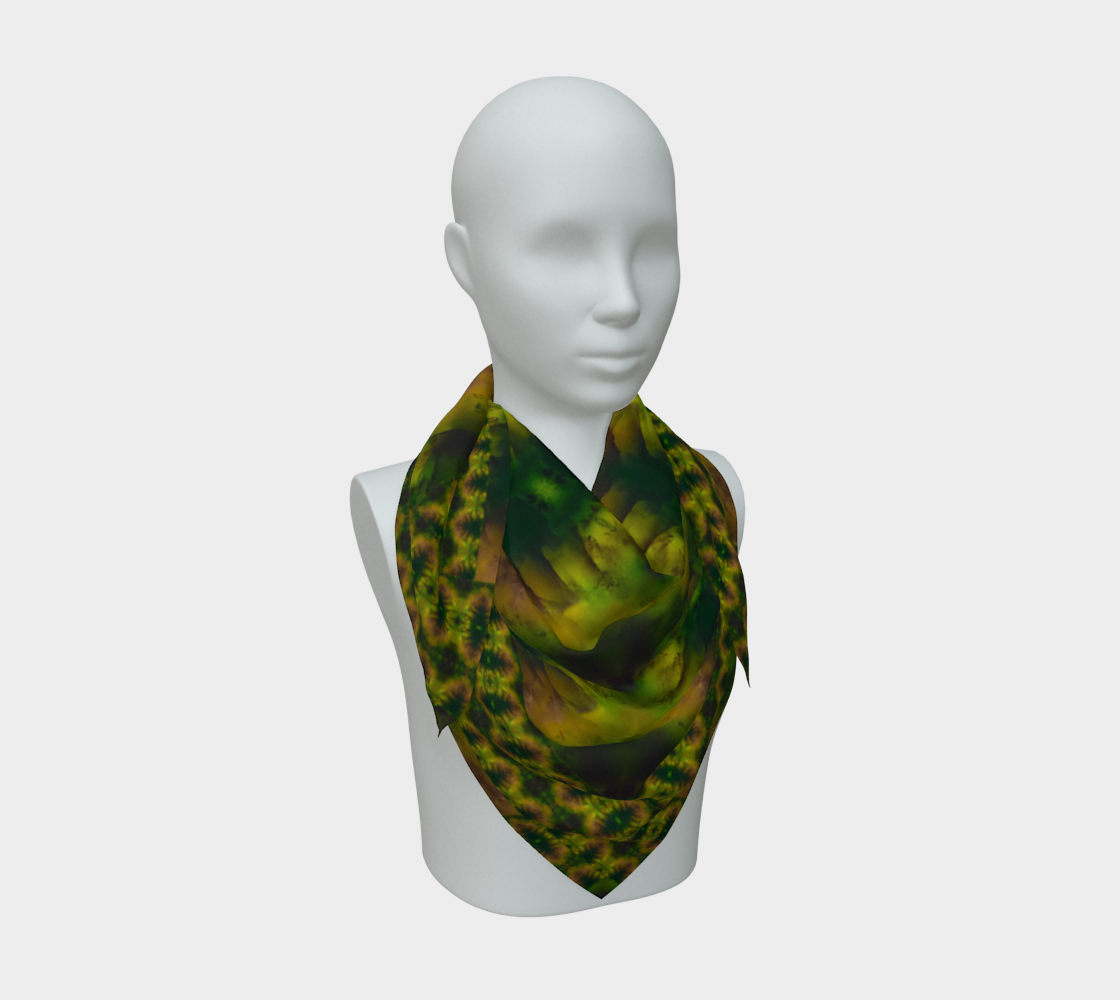 Deep green, yellow-gold, and muted violet Purely Jade Light silk art scarf draped on a mannequin, showing an inward floral-medallion field by RJSTH.