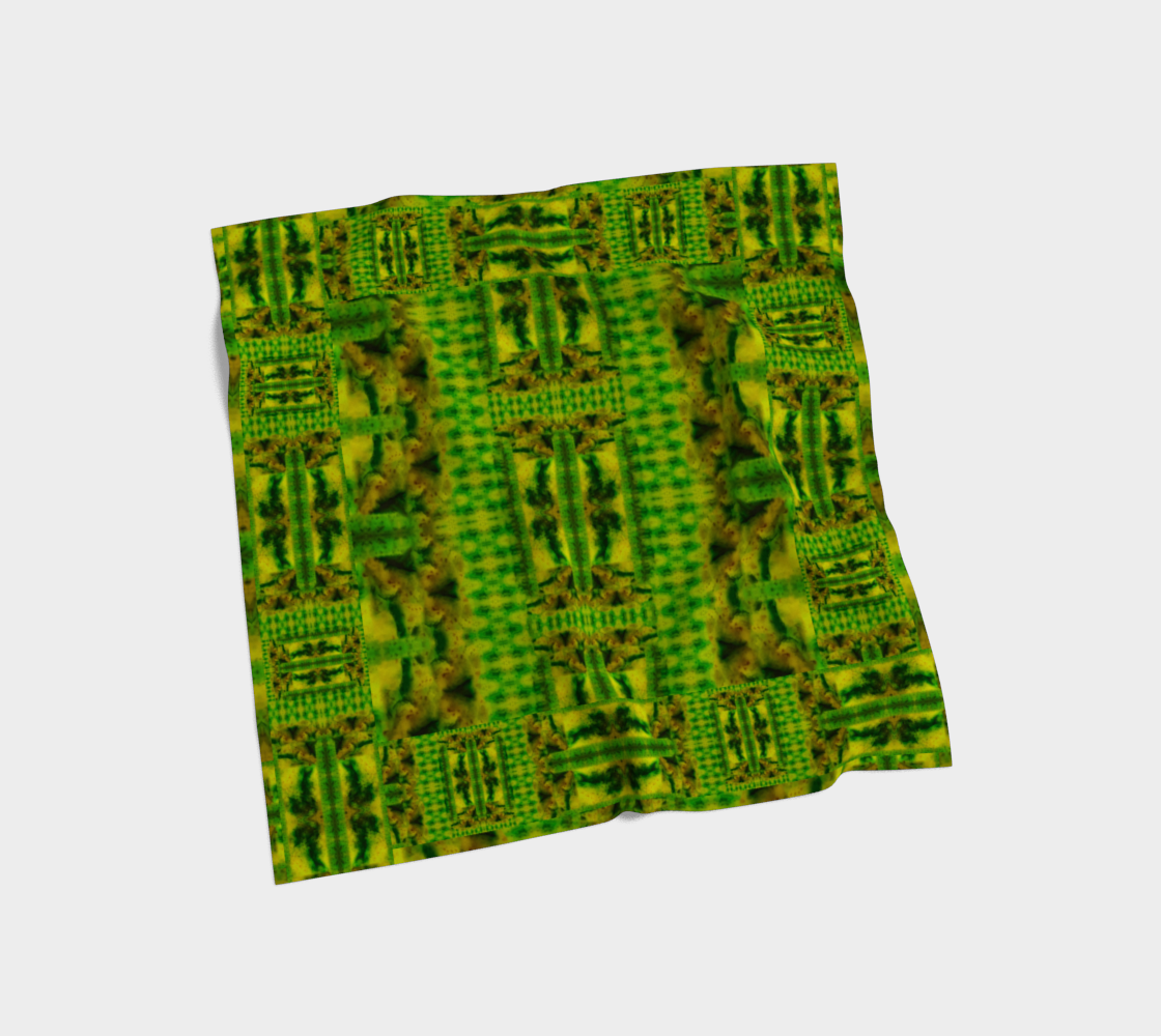 Yellow jade and green Purely Jade Light silk art scarf laid flat, showing a broad striped repeat field by RJSTH.