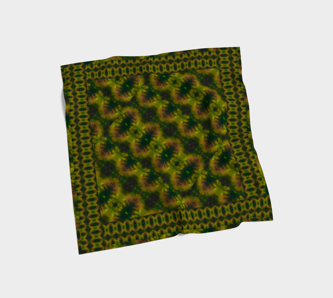 Yellow-gold, deep green, and muted violet Purely Jade Light silk art scarf laid flat, showing a framed medallion-panel field by RJSTH.