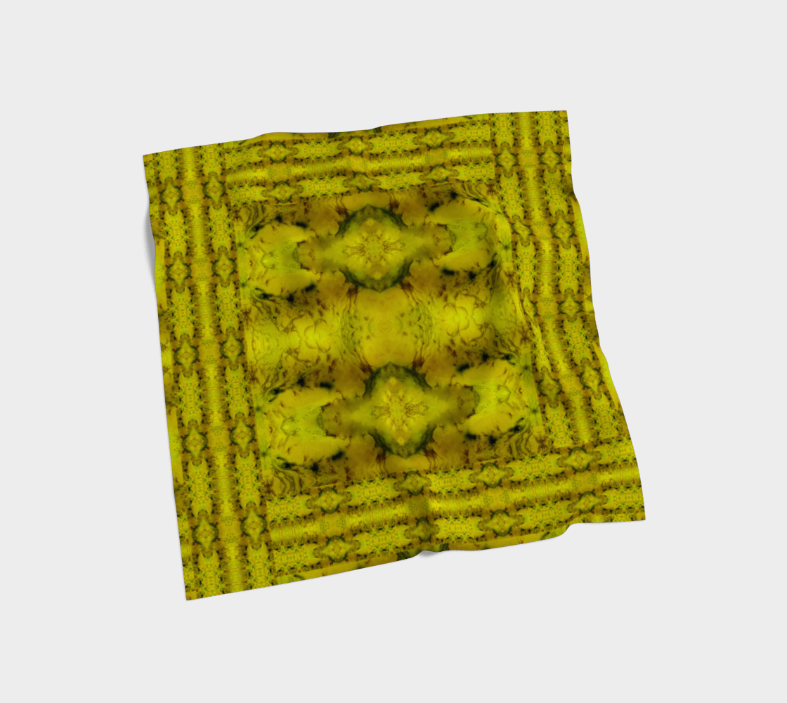 Bright yellow jade and olive-green Purely Jade Light silk art scarf laid flat, showing a framed central medallion-panel with banded border by RJSTH.