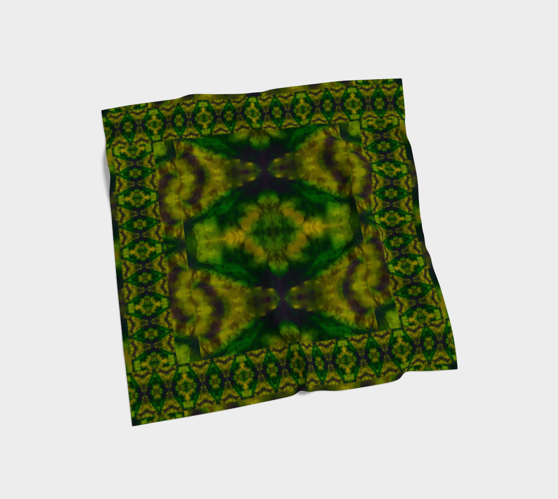 Deep green jade and gold Purely Jade Light silk art scarf laid flat, showing a ceremonial panel field with visible border logic by RJSTH.