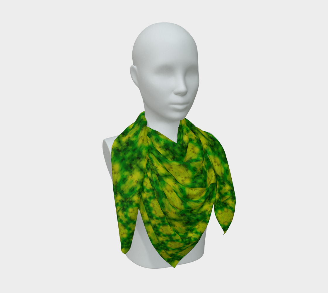 Yellow-green and deep green Purely Jade Light silk art scarf draped on a mannequin, showing a layered marbled mineral field by RJSTH.