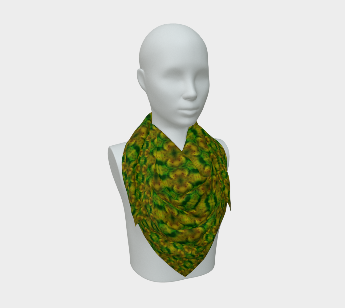 Yellow-gold and green Purely Jade Light silk art scarf draped on a mannequin, showing a clustered mineral field by RJSTH.