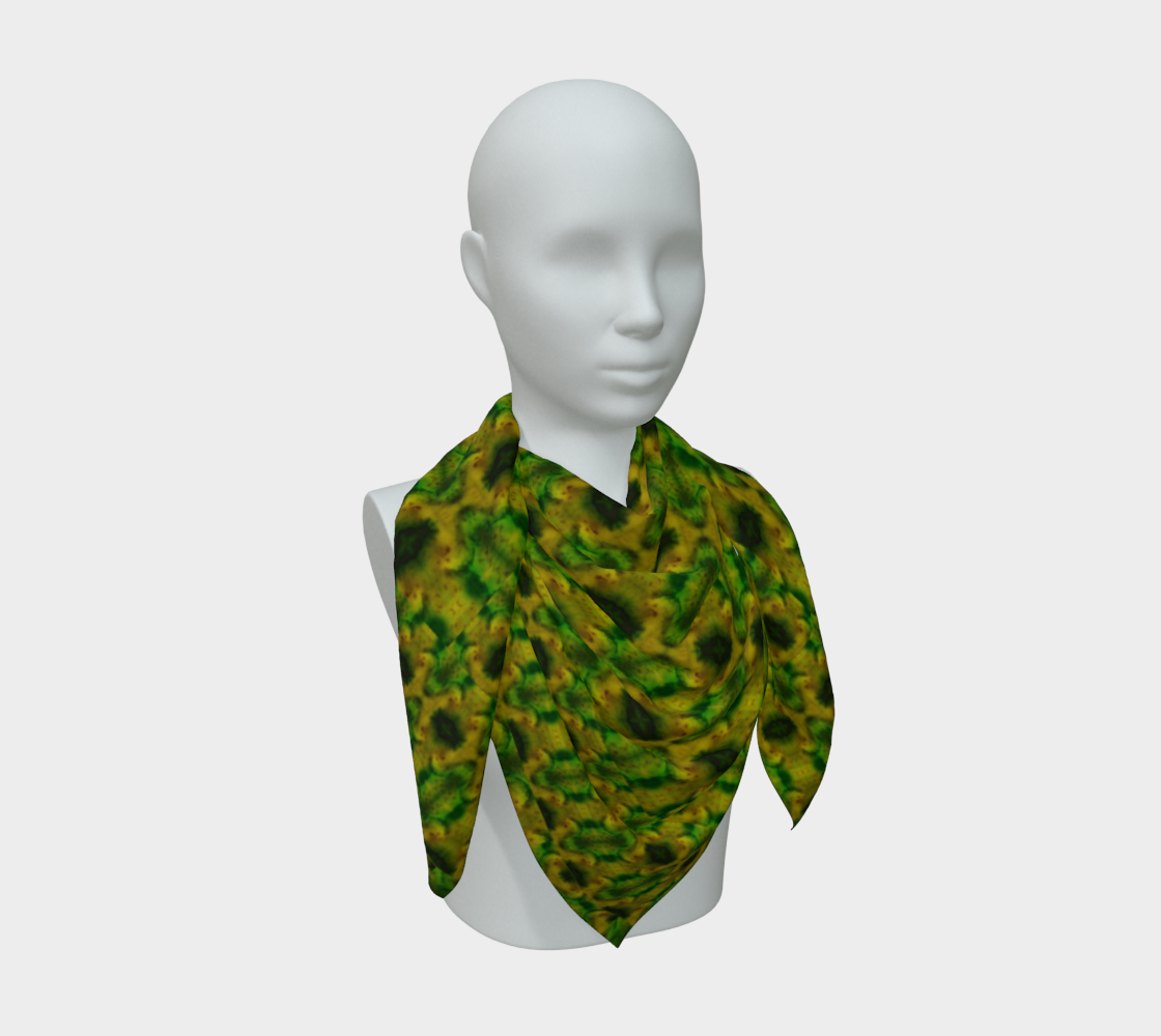 Yellow-gold and deep green Purely Jade Light silk art scarf draped on a mannequin, showing a denser rounded repeat field by RJSTH.