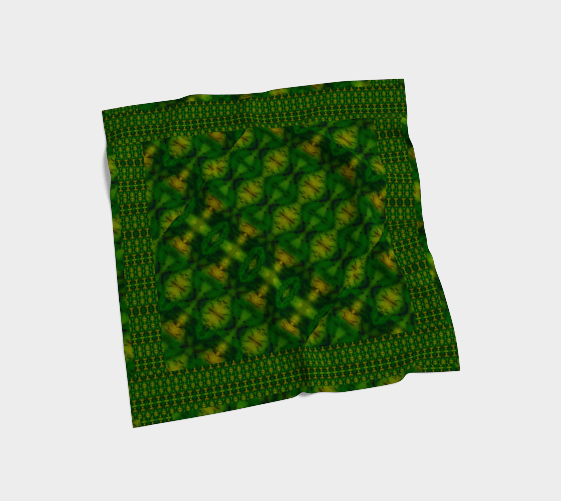 Deep green jade and yellow-gold Purely Jade Light silk art scarf laid flat, showing a framed square central field with patterned border by RJSTH.