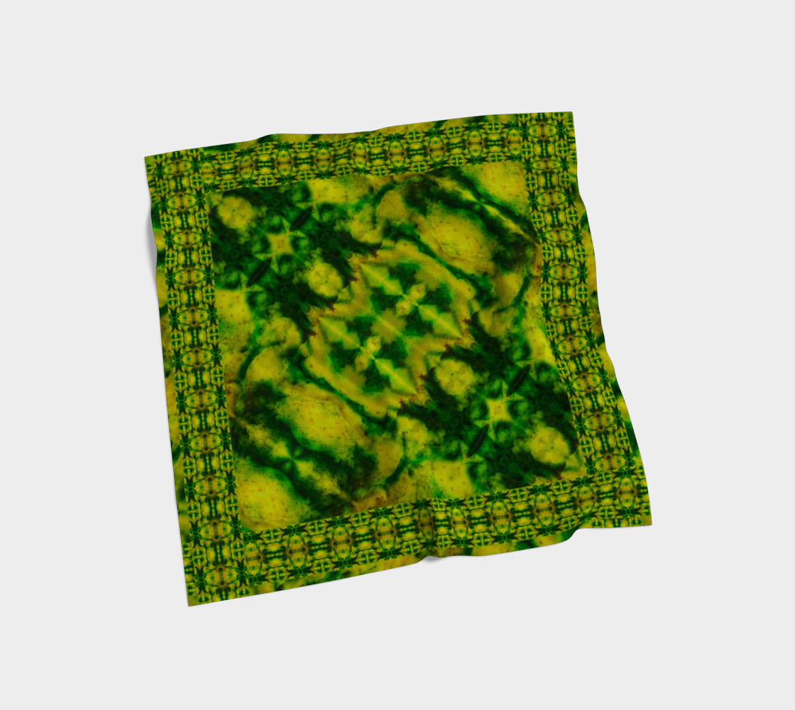 Yellow jade and green Purely Jade Light silk art scarf laid flat, showing a framed central mineral field with border logic by RJSTH.