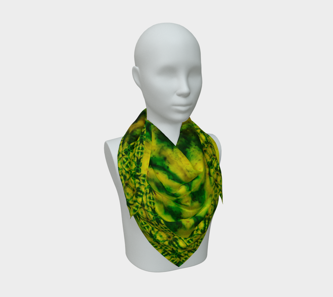 Yellow jade and green Purely Jade Light silk art scarf draped on a mannequin, showing a clustered repeat mineral field by RJSTH.