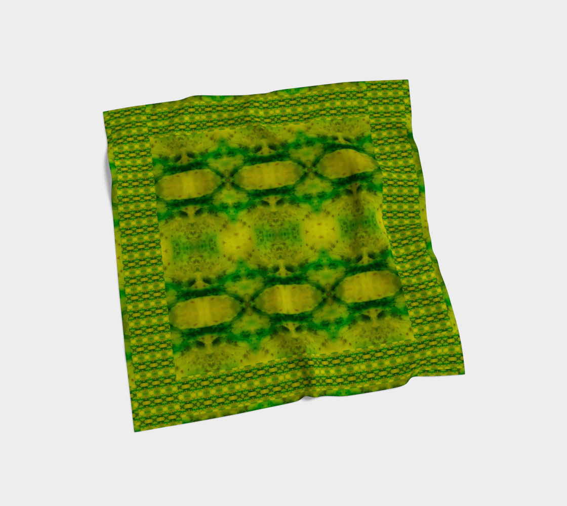 Yellow jade and vivid green Purely Jade Light silk art scarf laid flat, showing a framed oval-banded central field by RJSTH.