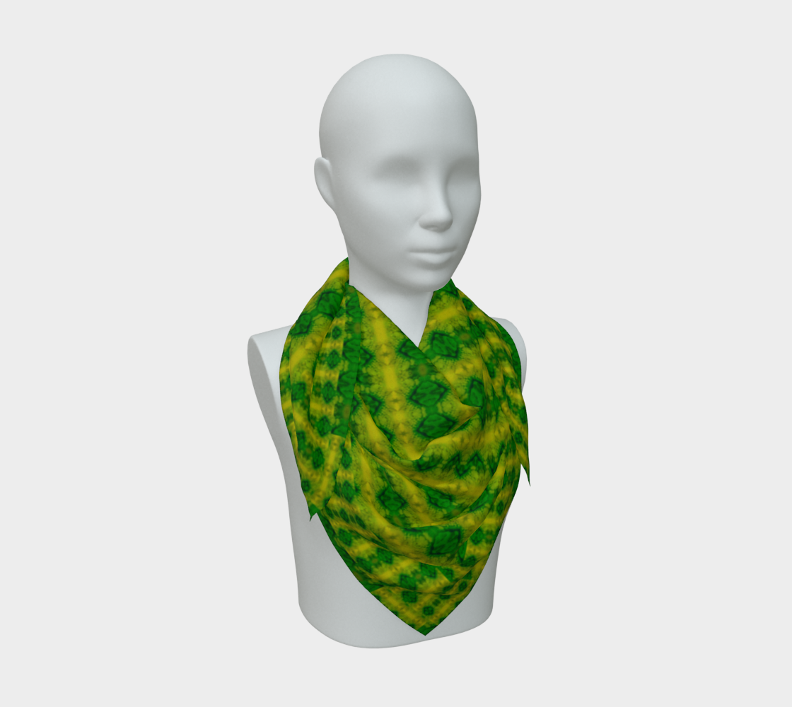 Yellow jade and green Purely Jade Light silk art scarf draped on a mannequin, showing a bright banded mineral field by RJSTH.