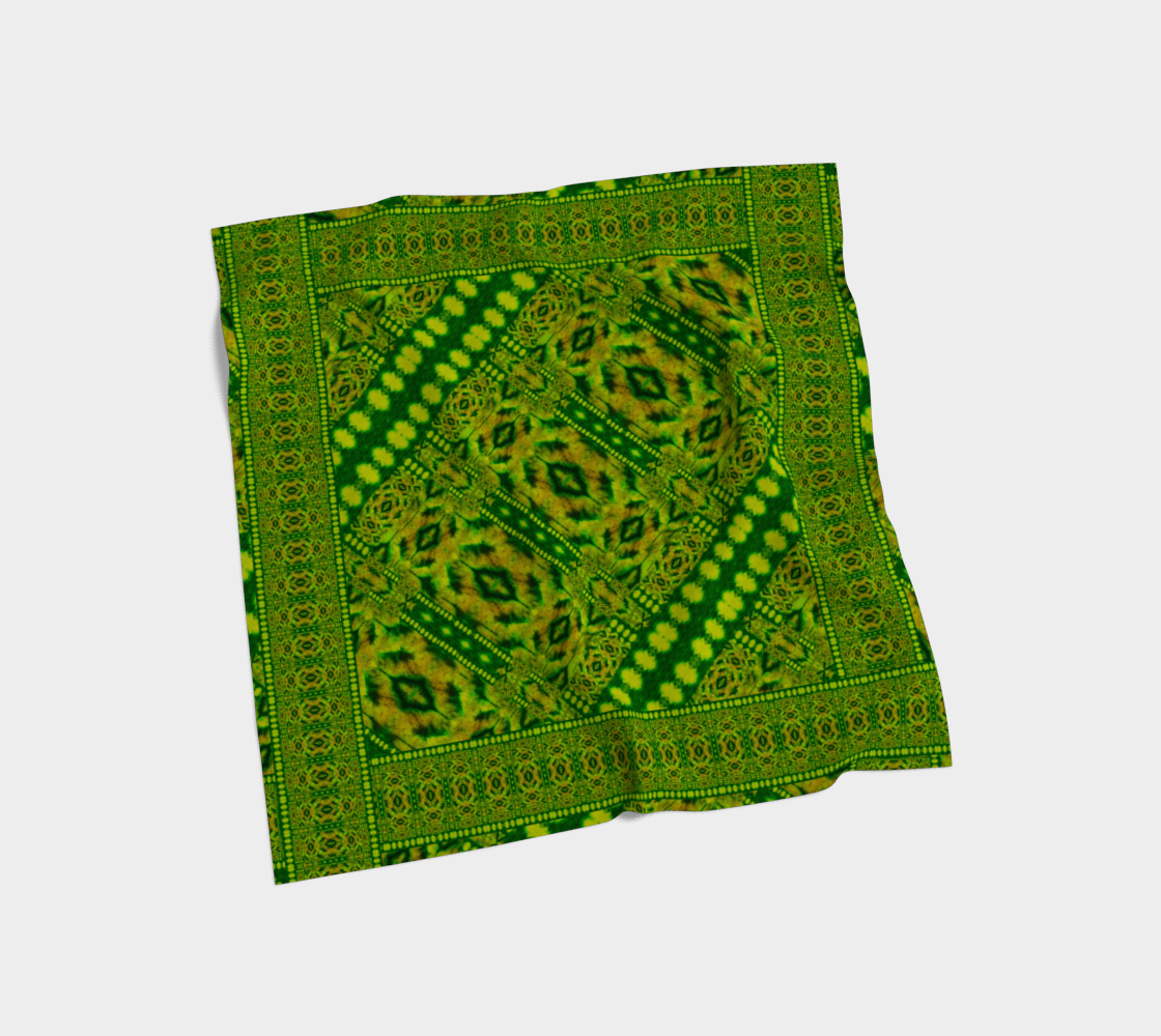 Green jade and yellow-gold Purely Jade Light silk art scarf laid flat, showing a framed banded central field with patterned border by RJSTH.