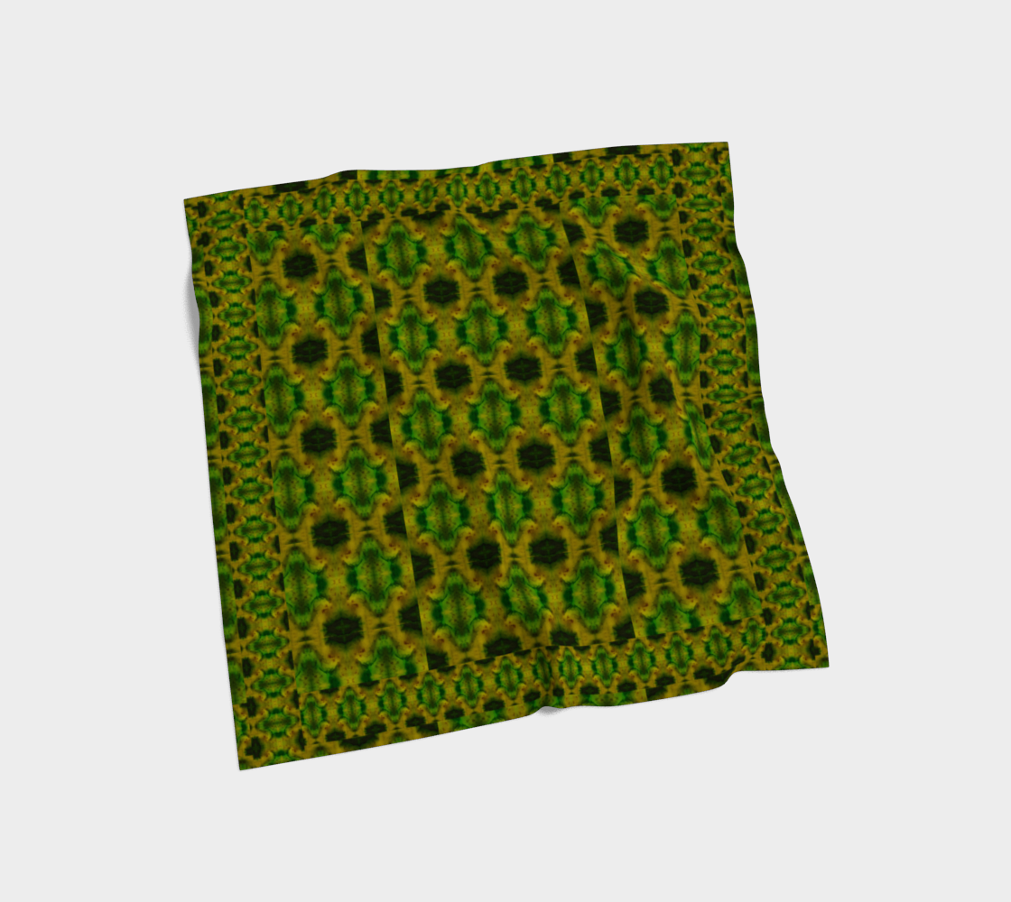 Green jade and yellow-gold Purely Jade Light silk art scarf laid flat, showing a framed faceted lattice field by RJSTH.