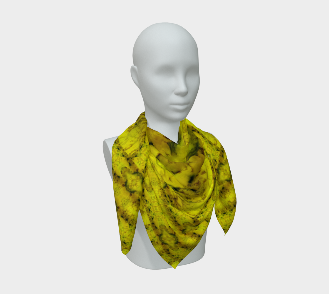 Bright yellow jade with olive-brown and green Purely Jade Light silk art scarf draped on a mannequin, showing a layered marbled mineral field by RJSTH.