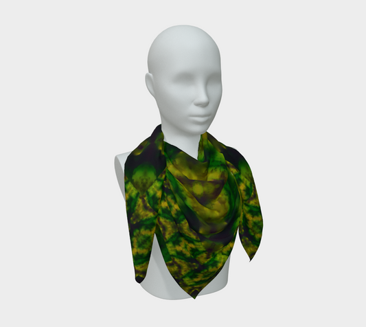 Yellow-green and deep green Purely Jade Light silk art scarf draped on a mannequin, showing a layered central mineral field by RJSTH.
