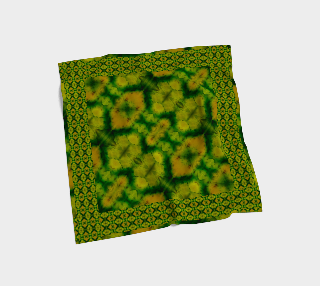 Yellow-gold and vivid green Purely Jade Light silk art scarf laid flat, showing a framed floral-panel field with patterned border by RJSTH.