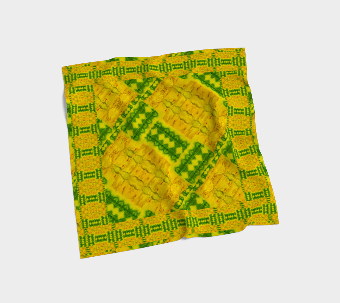 Bright yellow jade and green Purely Jade Light silk art scarf laid flat, showing a framed diagonal central panel by RJSTH.