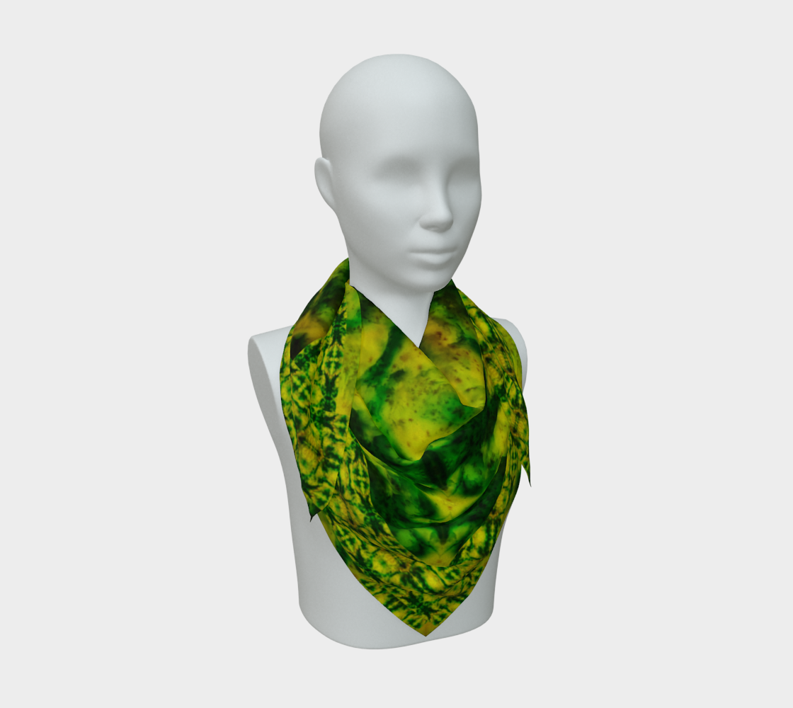 Bright yellow-green and green Purely Jade Light silk art scarf draped on a mannequin, showing a dense lattice field by RJSTH.
