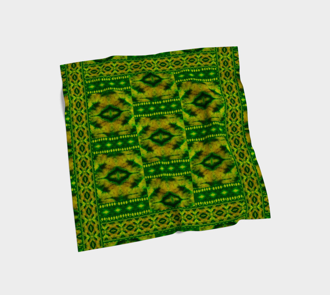 Yellow-gold and vivid green Purely Jade Light silk art scarf laid flat, showing a framed central panel with patterned border by RJSTH.