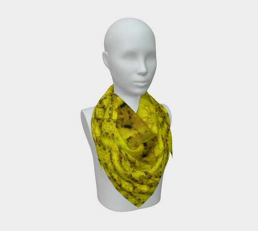 Bright yellow jade with olive-brown and green Purely Jade Light silk art scarf draped on a mannequin, showing a luminous marbled mineral field by RJSTH.