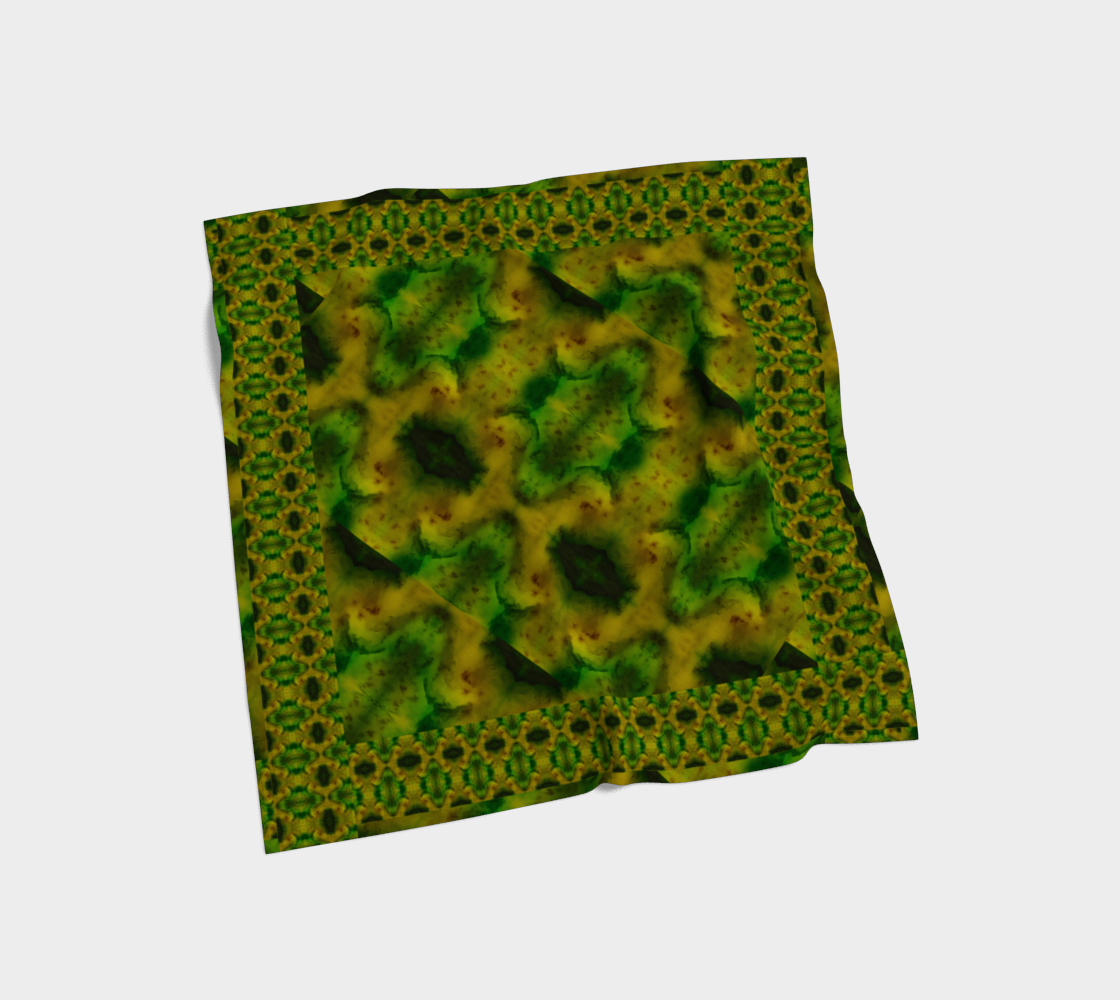 Yellow-gold and green Purely Jade Light silk art scarf laid flat, showing a framed square-panel field by RJSTH.