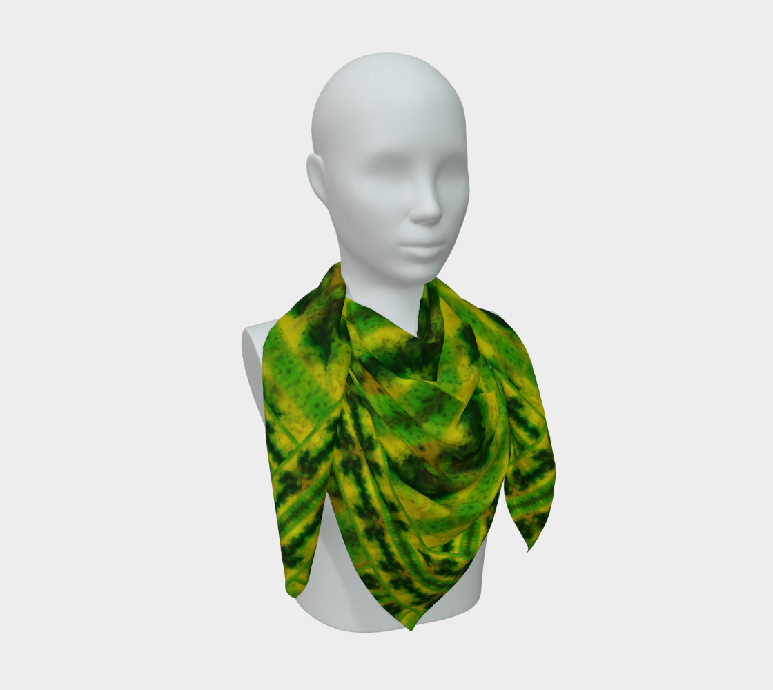Yellow jade and green Purely Jade Light silk art scarf draped on a mannequin, showing a banded mineral-lattice field by RJSTH.