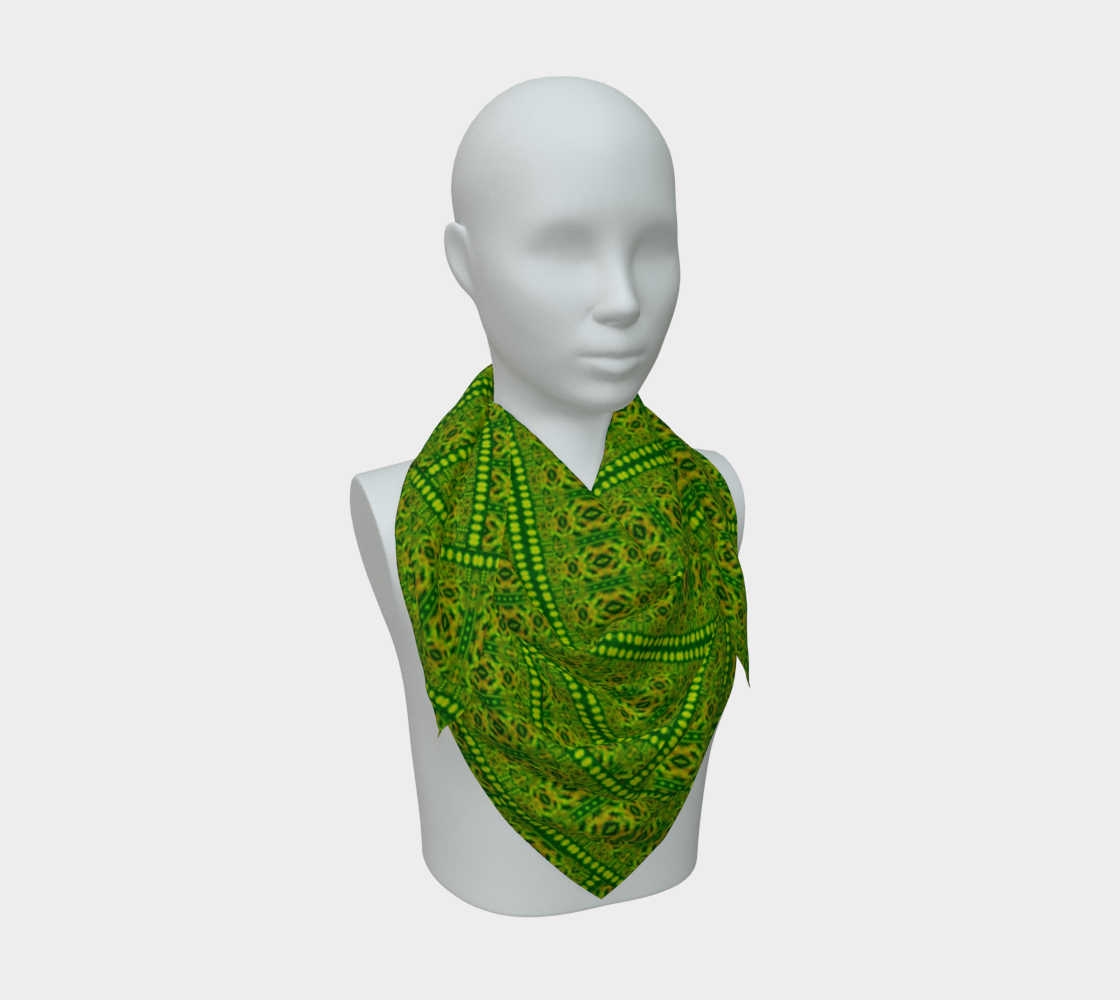Bright yellow-green and deep green Purely Jade Light silk art scarf draped on a mannequin, showing a diagonal banded field by RJSTH.