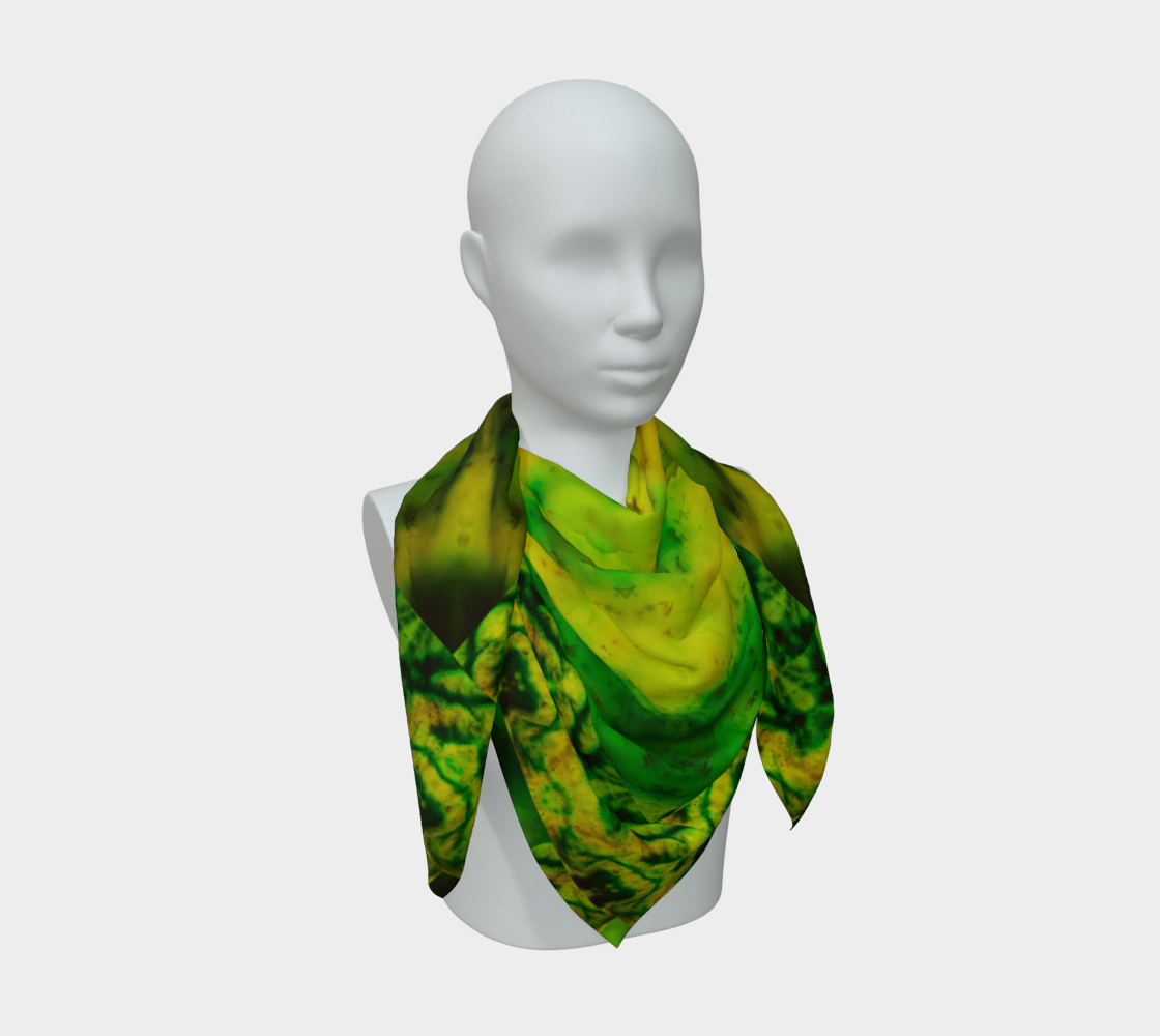 Yellow jade and green Purely Jade Light silk art scarf draped on a mannequin, showing a denser layered mineral field by RJSTH.