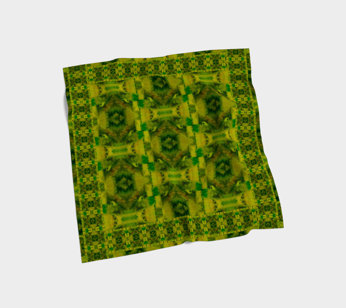 Yellow-gold and green Purely Jade Light silk art scarf laid flat, showing a framed central medallion-panel with patterned border by RJSTH.