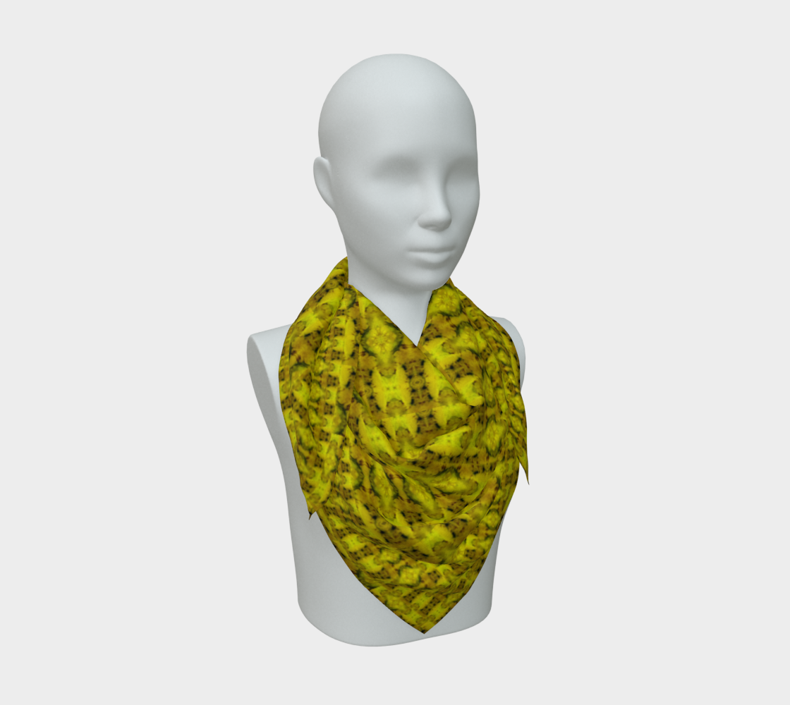Bright yellow jade and brown-gold Purely Jade Light silk art scarf draped on a mannequin, showing a small-repeat lattice field by RJSTH.