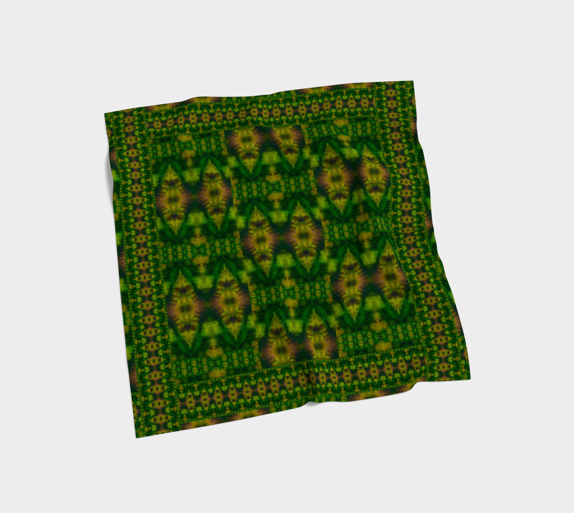 Deep green, yellow-gold, and muted violet Purely Jade Light silk art scarf laid flat, showing a framed medallion-lattice field by RJSTH.