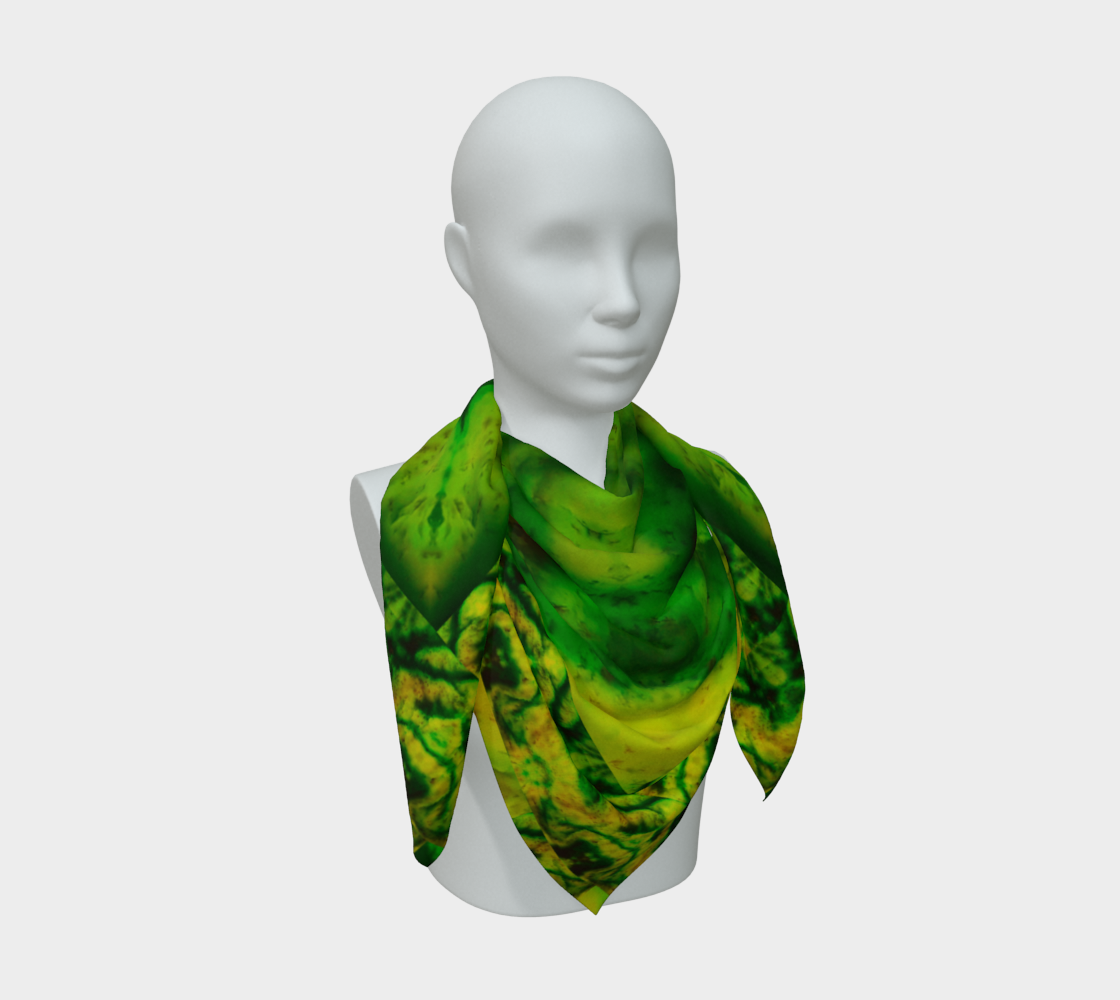 Yellow jade and deep green Purely Jade Light silk art scarf draped on a mannequin, showing a layered marbled mineral field by RJSTH.