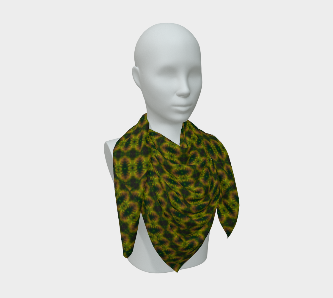 Green jade and yellow-gold Purely Jade Light silk art scarf draped on a mannequin, showing a denser medallion-repeat field by RJSTH.