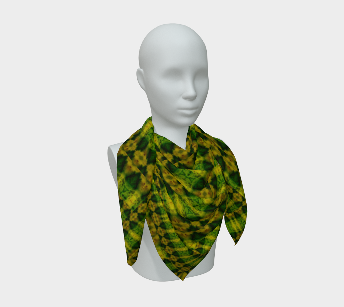 Green jade and yellow-gold Purely Jade Light silk art scarf draped on a mannequin, showing a denser checker-lattice field by RJSTH.