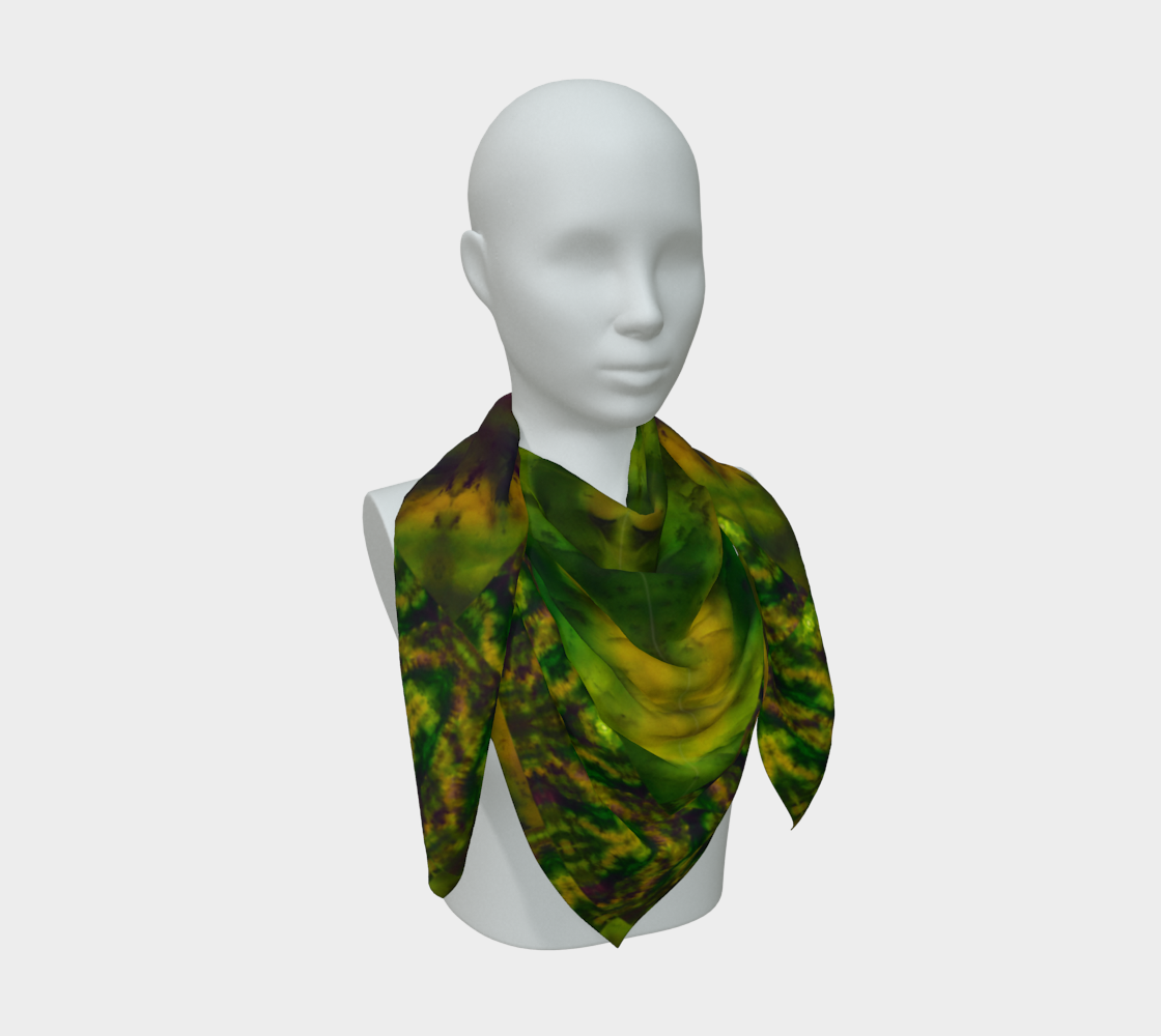 Deep green, yellow-gold, and muted violet Purely Jade Light silk art scarf draped on a mannequin, showing a deeper inward mineral field by RJSTH.