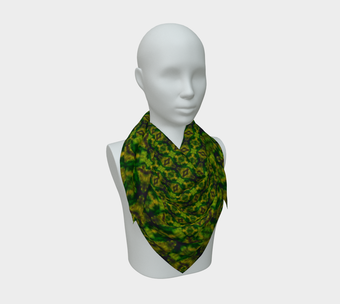 Green, yellow-gold, and muted violet Purely Jade Light silk art scarf draped on a mannequin, showing a medallion-lattice repeat field by RJSTH.