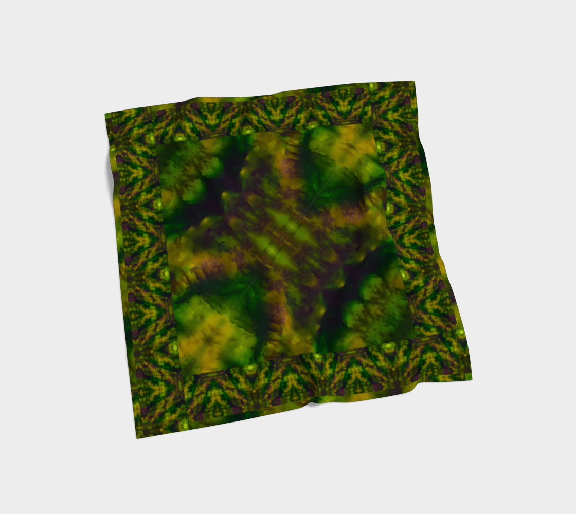 Deep green and yellow-gold Purely Jade Light silk art scarf laid flat, showing a framed mineral-panel field with patterned border by RJSTH.