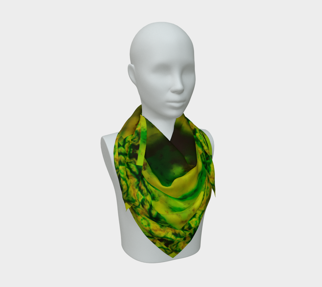 Yellow jade and green Purely Jade Light silk art scarf draped on a mannequin, showing a broad layered mineral field by RJSTH.