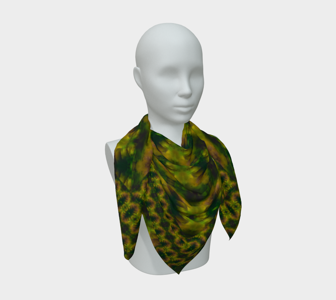Yellow-gold, deep green, and muted violet Purely Jade Light silk art scarf draped on a mannequin, showing a denser medallion-repeat field by RJSTH.