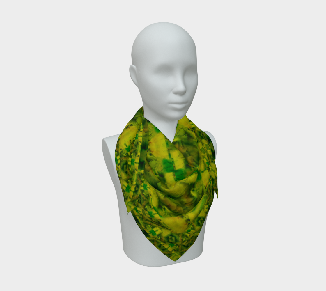 Yellow-gold and green Purely Jade Light silk art scarf draped on a mannequin, showing a soft central mineral field by RJSTH.