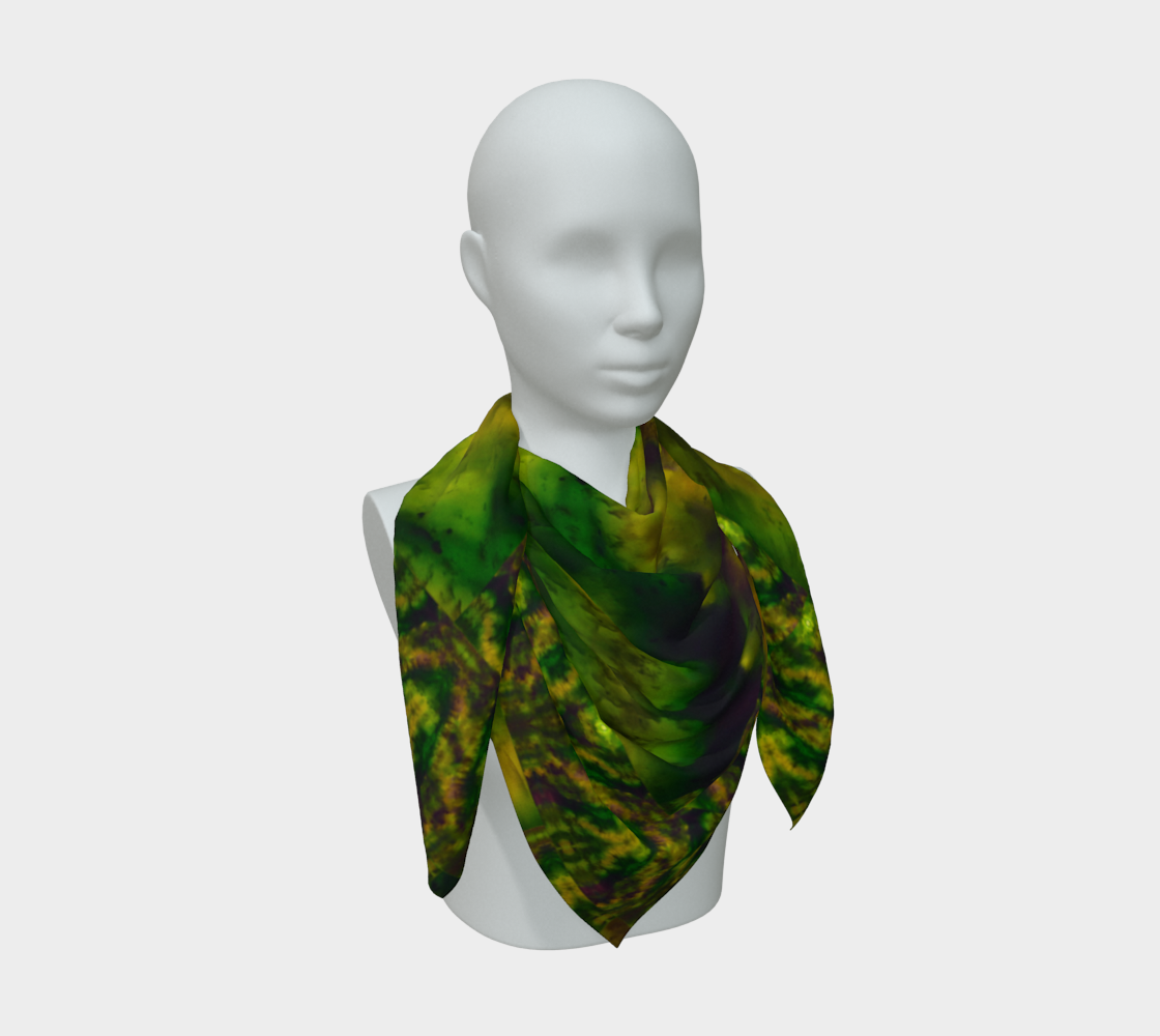 Deep green, yellow-gold, and muted violet Purely Jade Light silk art scarf draped on a mannequin, showing a deeper inward mineral field by RJSTH.